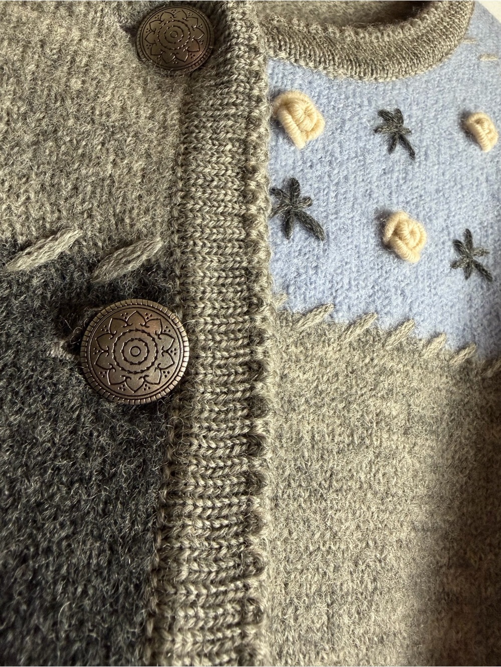 Vtg Tally Ho 100% Wool Patchwork Cardigan Sweater L Gray Blue Snowflake Winter - Picture 6 of 8